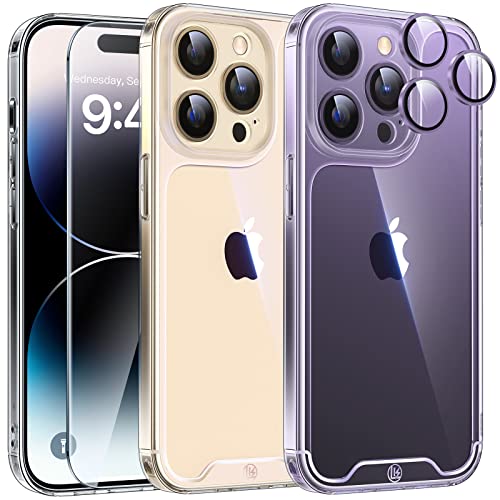 LK [3-in-1] for iPhone 14 Pro Case, with 1 Set Lens Protector + 2 Pcs 9H Tempered Glass Screen Protector, [Military Grade Shockproof] [No Yellowing] All-Round Protection Kit 6.1 inch - Clear