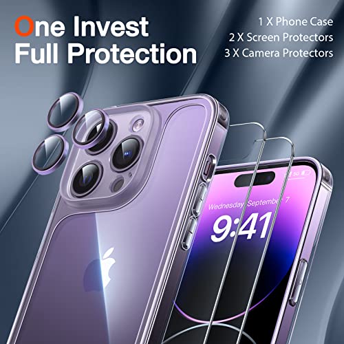 LK [3-in-1] for iPhone 14 Pro Case, with 1 Set Lens Protector + 2 Pcs 9H Tempered Glass Screen Protector, [Military Grade Shockproof] [No Yellowing] All-Round Protection Kit 6.1 inch - Clear