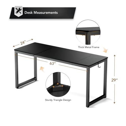 SANODESK Office Computer Desk 63 inch Study Writing Table Desk for Home Office, Gaming Computer Desk with Headphone Hook, Modern Simple Style, Black