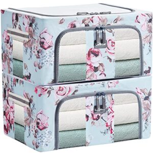 litbear 2 pack 24l clothes storage bins foldable metal frame storage box - stackable oxford fabric container organizer set with carrying handles and clear window(blue floral)