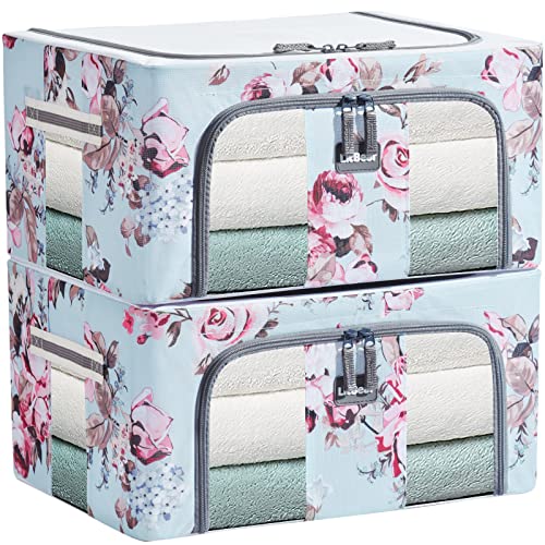 LitBear 2 Pack 24L Clothes Storage Bins Foldable Metal Frame Storage Box - Stackable Oxford Fabric Container Organizer Set with Carrying Handles and Clear Window(Blue floral)