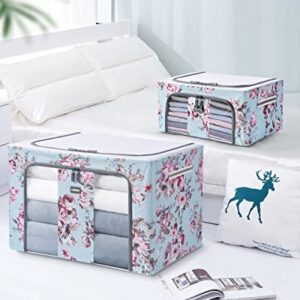 LitBear 2 Pack 24L Clothes Storage Bins Foldable Metal Frame Storage Box - Stackable Oxford Fabric Container Organizer Set with Carrying Handles and Clear Window(Blue floral)