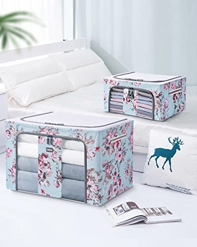 LitBear 2 Pack 24L Clothes Storage Bins Foldable Metal Frame Storage Box - Stackable Oxford Fabric Container Organizer Set with Carrying Handles and Clear Window(Blue floral)