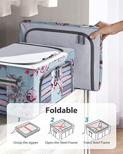 LitBear 2 Pack 24L Clothes Storage Bins Foldable Metal Frame Storage Box - Stackable Oxford Fabric Container Organizer Set with Carrying Handles and Clear Window(Blue floral)