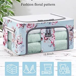 LitBear 2 Pack 24L Clothes Storage Bins Foldable Metal Frame Storage Box - Stackable Oxford Fabric Container Organizer Set with Carrying Handles and Clear Window(Blue floral)