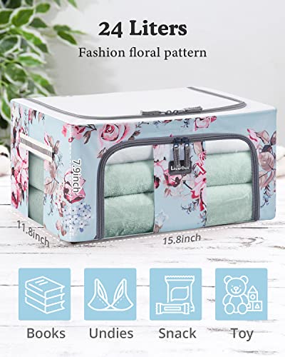 LitBear 2 Pack 24L Clothes Storage Bins Foldable Metal Frame Storage Box - Stackable Oxford Fabric Container Organizer Set with Carrying Handles and Clear Window(Blue floral)