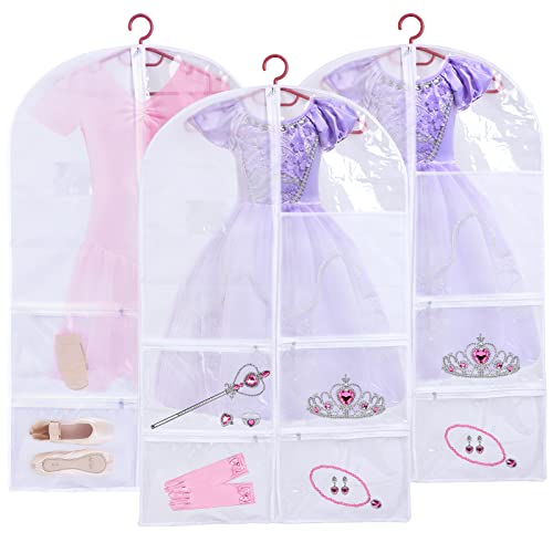 Kids Garment Bags for Dance Costumes, Hanging Dance Garment Bag with Multiple Pockets, Clear Storage Bags Organize Girls Dance Competitions Dress, Dance Recitals, Ballet Costume, Beauty Pageants, 3Pcs