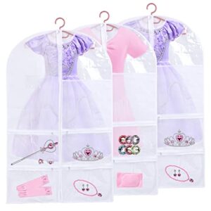 Kids Garment Bags for Dance Costumes, Hanging Dance Garment Bag with Multiple Pockets, Clear Storage Bags Organize Girls Dance Competitions Dress, Dance Recitals, Ballet Costume, Beauty Pageants, 3Pcs