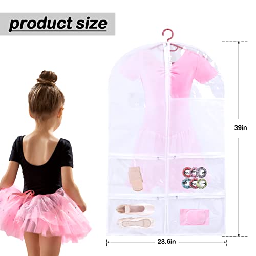 Kids Garment Bags for Dance Costumes, Hanging Dance Garment Bag with Multiple Pockets, Clear Storage Bags Organize Girls Dance Competitions Dress, Dance Recitals, Ballet Costume, Beauty Pageants, 3Pcs