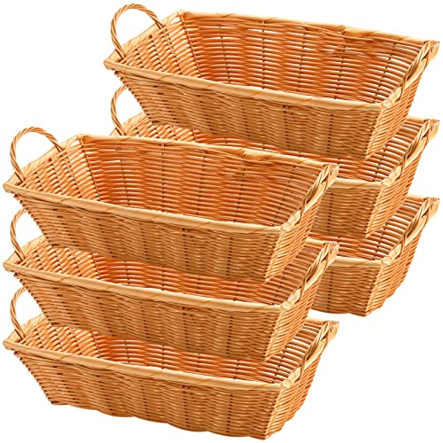 Yesland 6 Pcs Poly Wicker Bread Basket with Handle, 14 Inch Rectangular Imitation Rattan Fruit Storage Baskets - Stackable Empty Gift Basket for Vegetables, Food Serving, Display, Outdoor, Brown