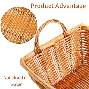 Yesland 6 Pcs Poly Wicker Bread Basket with Handle, 14 Inch Rectangular Imitation Rattan Fruit Storage Baskets - Stackable Empty Gift Basket for Vegetables, Food Serving, Display, Outdoor, Brown