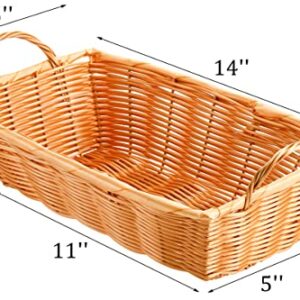 Yesland 6 Pcs Poly Wicker Bread Basket with Handle, 14 Inch Rectangular Imitation Rattan Fruit Storage Baskets - Stackable Empty Gift Basket for Vegetables, Food Serving, Display, Outdoor, Brown