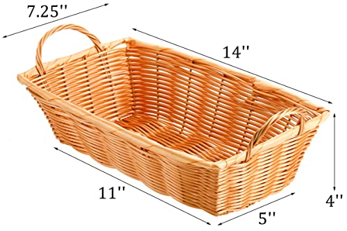 Yesland 6 Pcs Poly Wicker Bread Basket with Handle, 14 Inch Rectangular Imitation Rattan Fruit Storage Baskets - Stackable Empty Gift Basket for Vegetables, Food Serving, Display, Outdoor, Brown