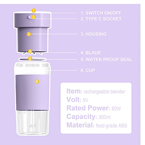 Lamar Portable Blender, Personal Size Blender for Smoothies, Juice and Shakes, Mini Blender with Powerful Motor 2000mAh Rechargeable Battery, Six Blades, 300ml, for Home, Travel, Office, Outdoor(Purple)