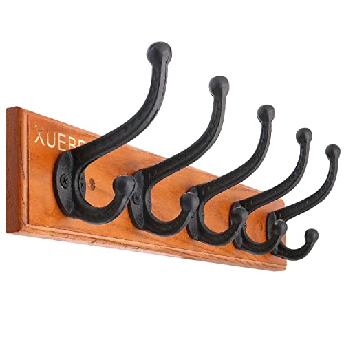 XUEBEI Rustic Cast Iron Coat Hooks Black Wall Hooks Coat Rack Heavy Duty Coat Rack with 5 Wall Hooks,Bedroom Ash Wooden Modern Farmhouse,Entryway Hooks, Bags,Towels