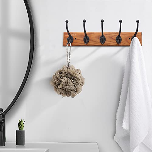 XUEBEI Rustic Cast Iron Coat Hooks Black Wall Hooks Coat Rack Heavy Duty Coat Rack with 5 Wall Hooks,Bedroom Ash Wooden Modern Farmhouse,Entryway Hooks, Bags,Towels