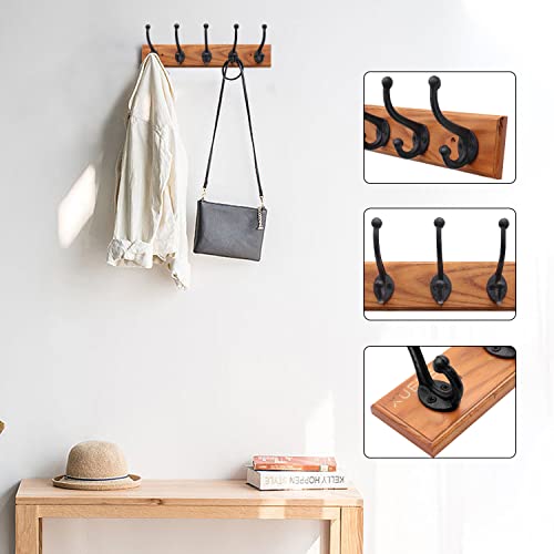 XUEBEI Rustic Cast Iron Coat Hooks Black Wall Hooks Coat Rack Heavy Duty Coat Rack with 5 Wall Hooks,Bedroom Ash Wooden Modern Farmhouse,Entryway Hooks, Bags,Towels