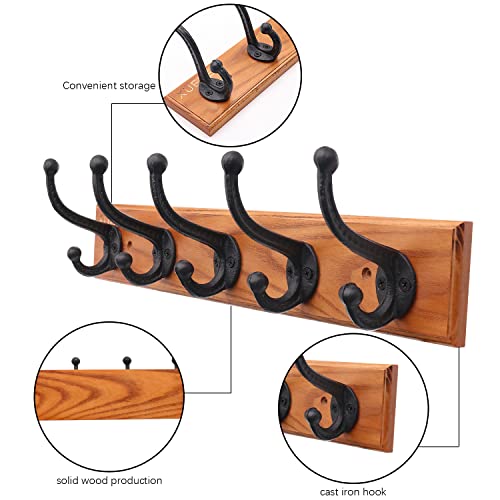 XUEBEI Rustic Cast Iron Coat Hooks Black Wall Hooks Coat Rack Heavy Duty Coat Rack with 5 Wall Hooks,Bedroom Ash Wooden Modern Farmhouse,Entryway Hooks, Bags,Towels