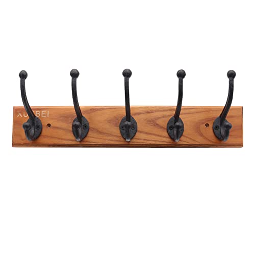 XUEBEI Rustic Cast Iron Coat Hooks Black Wall Hooks Coat Rack Heavy Duty Coat Rack with 5 Wall Hooks,Bedroom Ash Wooden Modern Farmhouse,Entryway Hooks, Bags,Towels