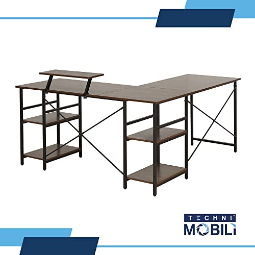 Techni Mobili Office Desk - Reversible L Shaped Desk with Storage Shelves, Monitor Stand & Accessory Holder - Ergonomic & Industrial Workstation Corner Table with Durable Steel Frame, Walnut