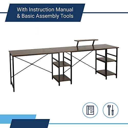 Techni Mobili Office Desk - Reversible L Shaped Desk with Storage Shelves, Monitor Stand & Accessory Holder - Ergonomic & Industrial Workstation Corner Table with Durable Steel Frame, Walnut