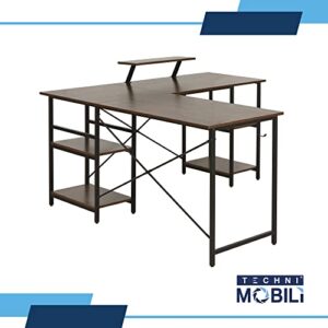 Techni Mobili Office Desk - Reversible L Shaped Desk with Storage Shelves, Monitor Stand & Accessory Holder - Ergonomic & Industrial Workstation Corner Table with Durable Steel Frame, Walnut