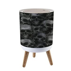 small trash can with lid for bathroom kitchen office diaper black white human skulls monochrome ornament scary halloween suitable bedroom garbage trash bin dog proof waste basket cute decorative