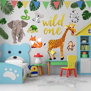 29 Pieces Jungle Themed Cutouts Party Decoration Safari Zoo Animals Cutouts Tropical Leaves Paper Cutouts with Adhesive Dots Wall Decals Wild One Sign for Baby Shower School Classroom Party Supply