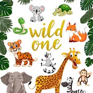 29 Pieces Jungle Themed Cutouts Party Decoration Safari Zoo Animals Cutouts Tropical Leaves Paper Cutouts with Adhesive Dots Wall Decals Wild One Sign for Baby Shower School Classroom Party Supply