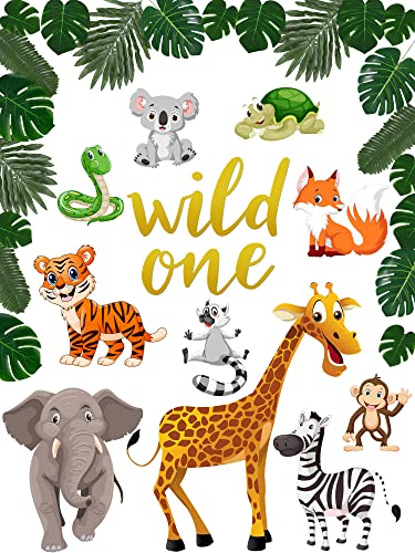 29 Pieces Jungle Themed Cutouts Party Decoration Safari Zoo Animals Cutouts Tropical Leaves Paper Cutouts with Adhesive Dots Wall Decals Wild One Sign for Baby Shower School Classroom Party Supply