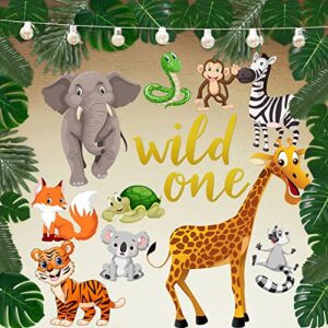 29 Pieces Jungle Themed Cutouts Party Decoration Safari Zoo Animals Cutouts Tropical Leaves Paper Cutouts with Adhesive Dots Wall Decals Wild One Sign for Baby Shower School Classroom Party Supply