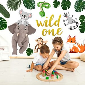 29 Pieces Jungle Themed Cutouts Party Decoration Safari Zoo Animals Cutouts Tropical Leaves Paper Cutouts with Adhesive Dots Wall Decals Wild One Sign for Baby Shower School Classroom Party Supply