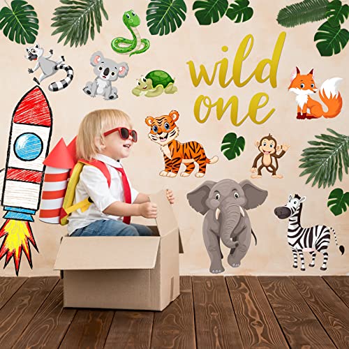 29 Pieces Jungle Themed Cutouts Party Decoration Safari Zoo Animals Cutouts Tropical Leaves Paper Cutouts with Adhesive Dots Wall Decals Wild One Sign for Baby Shower School Classroom Party Supply