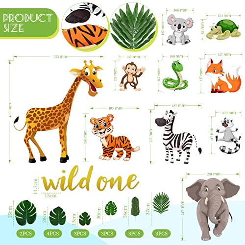 29 Pieces Jungle Themed Cutouts Party Decoration Safari Zoo Animals Cutouts Tropical Leaves Paper Cutouts with Adhesive Dots Wall Decals Wild One Sign for Baby Shower School Classroom Party Supply