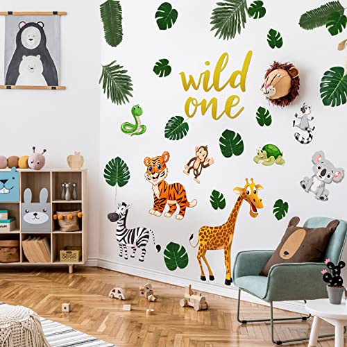 29 Pieces Jungle Themed Cutouts Party Decoration Safari Zoo Animals Cutouts Tropical Leaves Paper Cutouts with Adhesive Dots Wall Decals Wild One Sign for Baby Shower School Classroom Party Supply