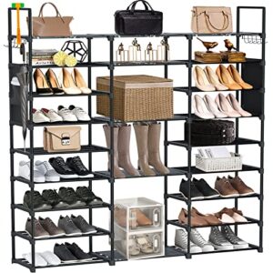 suntage free-standing shoe rack organizer, garage shoe storage organizer with side hooks & pockets, metal shoe rack for garage, entryway, holds 50 pairs shoes & boots, 3 columns, 9 tiers