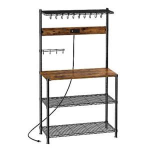 superjare bakers rack with power outlets - height adjustable microwave stand, 4-tier kitchen storage rack with 10 s-shaped hooks, 360° hanging strip, coffee bar station - rustic brown