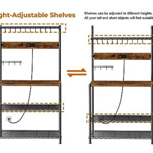 SUPERJARE Bakers Rack with Power Outlets - Height Adjustable Microwave Stand, 4-tier Kitchen Storage Rack with 10 S-shaped Hooks, 360° Hanging Strip, Coffee Bar Station - Rustic Brown