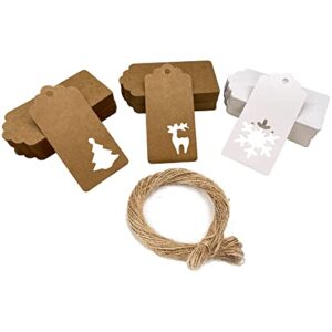 lqbza 150 pcs christmas gift tags, 3 styles for diy xmas present wrapping kraft gift tags snowflake reindeer christmas tree hanging labels with 20m jute twine string (white & brown) (lq000708001)