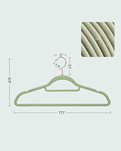 SONGMICS Velvet Hangers, Set of 50 Clothes Hanger with Rose Gold Swivel Hook, Non-Slip, and Space-Saving, 0.2-Inch Thick, 17.1-Inch Long for Coat, Shirt, Dress, Pants, Tie, Pale Green UCRF021GR50