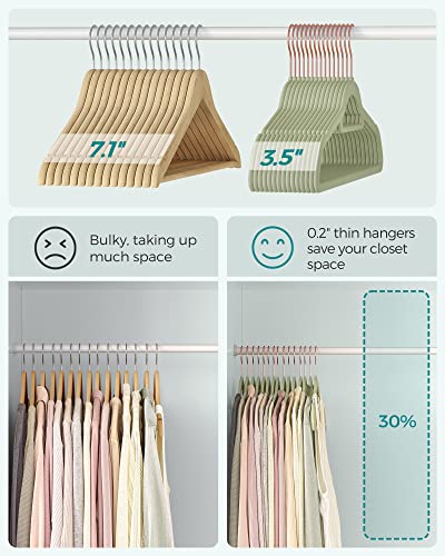 SONGMICS Velvet Hangers, Set of 50 Clothes Hanger with Rose Gold Swivel Hook, Non-Slip, and Space-Saving, 0.2-Inch Thick, 17.1-Inch Long for Coat, Shirt, Dress, Pants, Tie, Pale Green UCRF021GR50