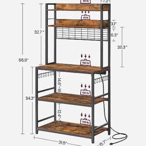 VASAGLE Hutch Bakers Rack with Power Outlet, 14 Hooks Microwave Stand, Adjustable Coffee Bar with Metal Wire Panel, Kitchen Storage Shelf, 15.7 x 31.5 x 66.9 Inches, Rustic Brown and Black UKKS025B01