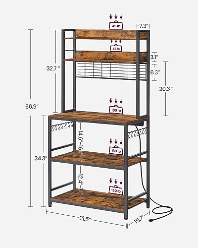 VASAGLE Hutch Bakers Rack with Power Outlet, 14 Hooks Microwave Stand, Adjustable Coffee Bar with Metal Wire Panel, Kitchen Storage Shelf, 15.7 x 31.5 x 66.9 Inches, Rustic Brown and Black UKKS025B01