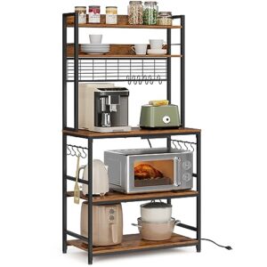 VASAGLE Hutch Bakers Rack with Power Outlet, 14 Hooks Microwave Stand, Adjustable Coffee Bar with Metal Wire Panel, Kitchen Storage Shelf, 15.7 x 31.5 x 66.9 Inches, Rustic Brown and Black UKKS025B01