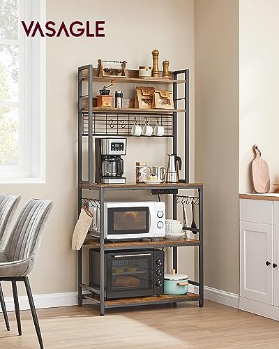 VASAGLE Hutch Bakers Rack with Power Outlet, 14 Hooks Microwave Stand, Adjustable Coffee Bar with Metal Wire Panel, Kitchen Storage Shelf, 15.7 x 31.5 x 66.9 Inches, Rustic Brown and Black UKKS025B01