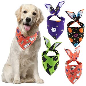 halloween dog bandanas, 4 pack triangle scarves bibs for dogs, adjustable premium durable fabric, pumpkin ghost witch horror holiday pet bandanas for small medium large dogs cats pets