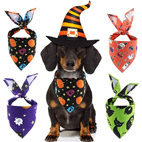 Halloween Dog Bandanas, 4 Pack Triangle Scarves Bibs for Dogs, Adjustable Premium Durable Fabric, Pumpkin Ghost Witch Horror Holiday Pet Bandanas for Small Medium Large Dogs Cats Pets