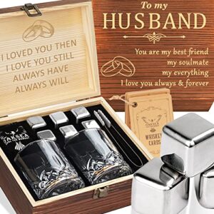 anniversary oaksea gifts for men him husband, stainless steel engraved whiskey stones glasses set gift, gift for birthday wedding for boyfriend fiance, cool burbon scotch set gifts