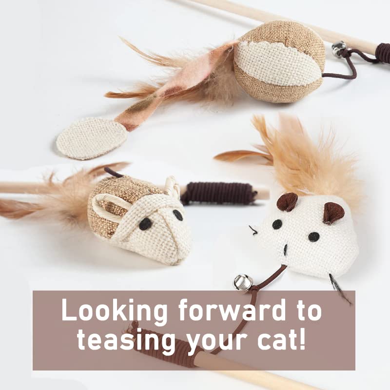 ROZZWILD Cat Teaser 3 PCS Interactive Cat Toys Set Mouse Hamster Balloon 16 inch (40 cm) Sturdy Natural Wood Rod Organic Hemp Cord Feather Elastic Rope Small Bell Catnip Lollipop