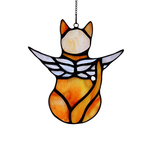 BOXCASA Angel Cat Memorial Gifts Ornaments,Stained Glass Window Hanging Decorations,Angel Wings Orange Cat Suncatcher Decor,Cat Lovers Gifts Ornaments,Pet Memorial Sympathy Gifts Decoration